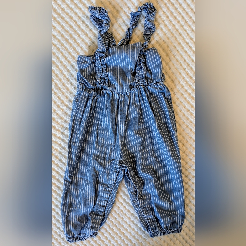 Okie Dokie Blue White Railroad Stripe Ruffle Jumpsuit Romper Cottagecore Size 9M